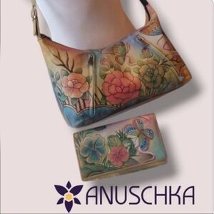 ANUSCHKA BAG CROSSBODY HOBO HAND-PAINTED LEATHER AND WALLET SET